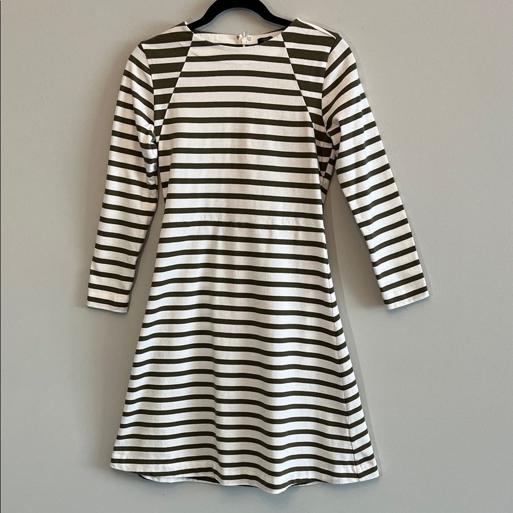 J. Crew 365 Nautical Long Sleeve Dress Olive Green and White Striped Midi Size S